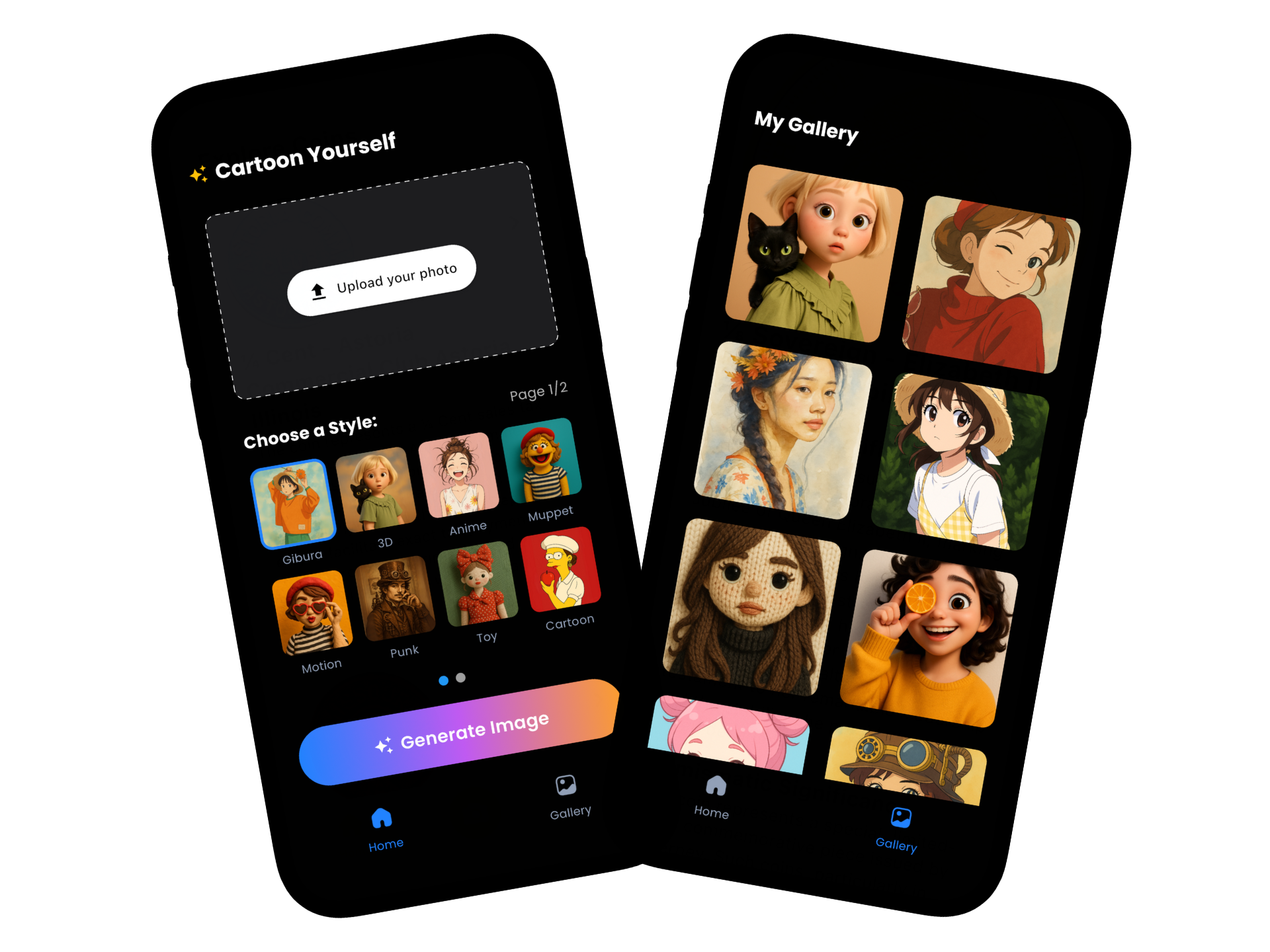 SnapToon app interface showing cartoon creation features